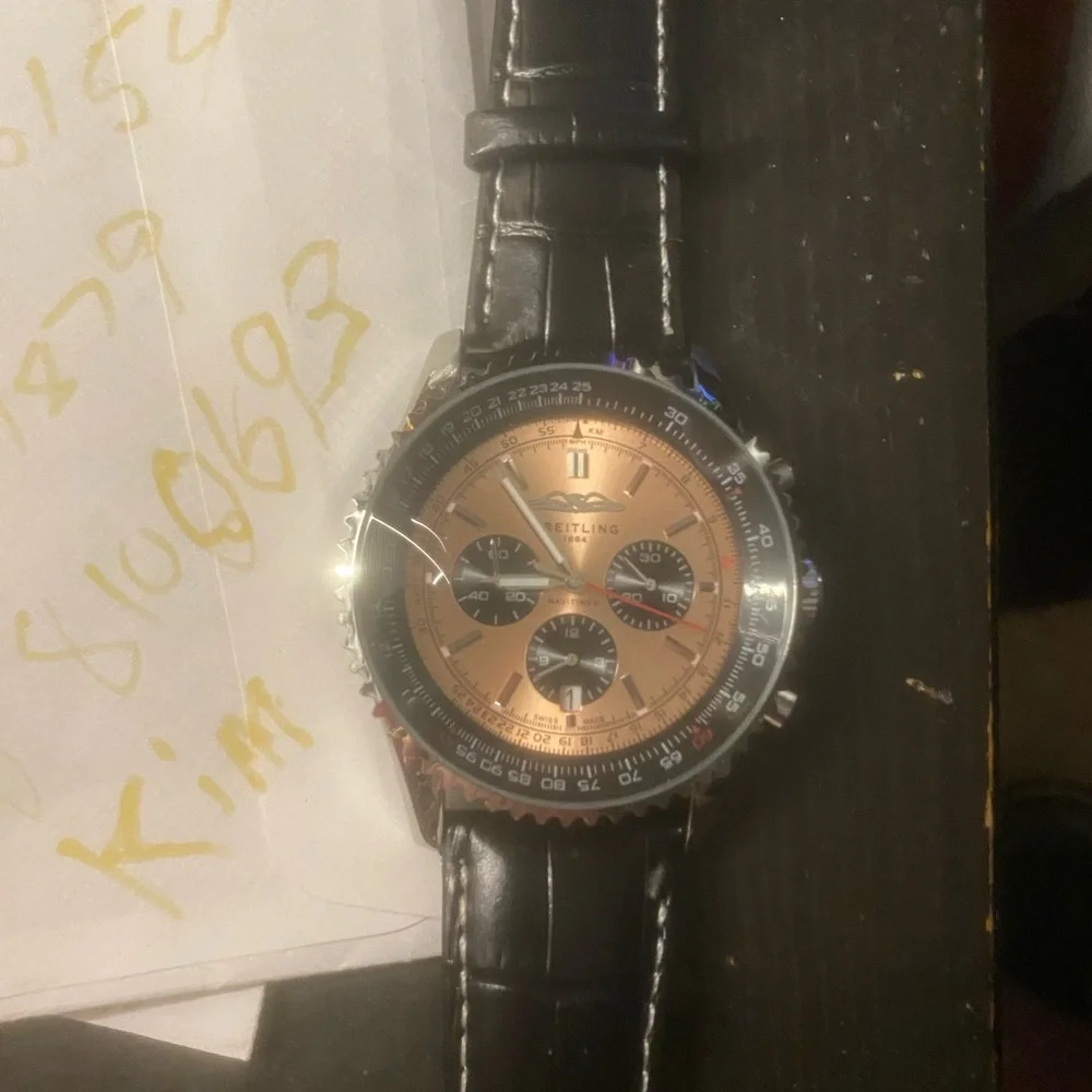 New Breitling Silver Case Avaitor Watch with Copper Dial and Black Strap
